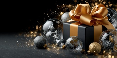 Obraz premium Elegant black gift box with large gold bow surrounded by silver and gold Christmas ornaments on dark background with bokeh.