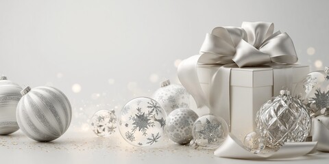 Obraz premium Elegant white gift box with large silver bow surrounded by festive silver and white Christmas ornaments.