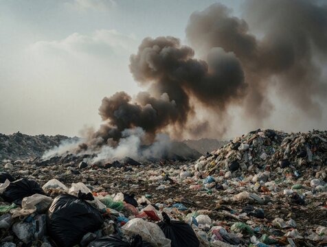 Landfill fire emits thick dark smoke clouds over vast piles of garbage. Plastic waste, trash bags, and debris create environmental pollution problem. Burning dump site shows hazardous waste hazard.