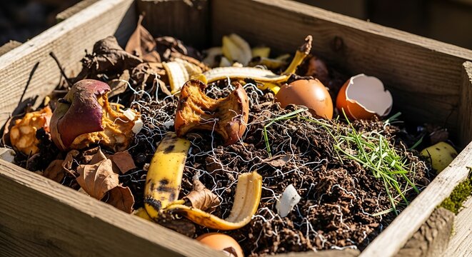 Organic food waste composting in a wooden bin for soil fertilization