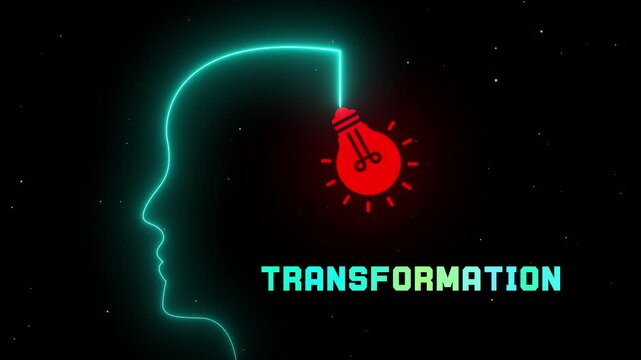 Neon glowing head silhouette with lightbulb concept showing transformation text on dark background