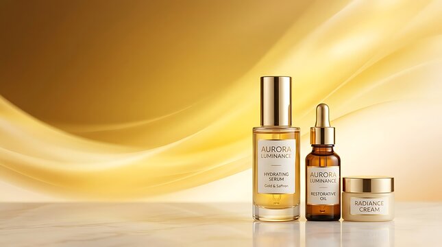 Luxury Skincare Set with Gold and Saffron Serum, Oil, and Cream on Elegant Golden Silk Background