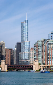 Trump International Hotel and Tower rises over the Chicago River, where its water intake system triggered a landmark Clean Water Act settlement, Chicago, Illinois, July 2026.