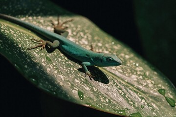 Fototapeta premium Small turquoise lizard rests on large green leaf covered with water drops. Reptile basks in sunlight after rain in rich forest jungle habitat. Wildlife creature camouflaged on plant.