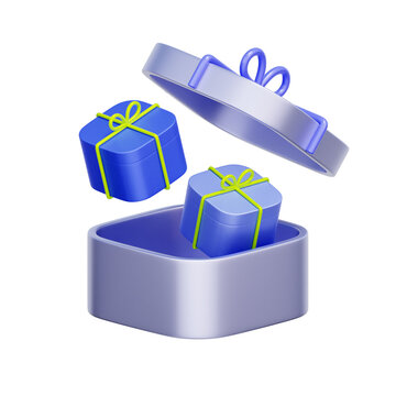 3D illustration of open gift box with two small wrapped presents for surprise reward, bonus package, double promotion, holiday giveaway, and loyalty incentive.