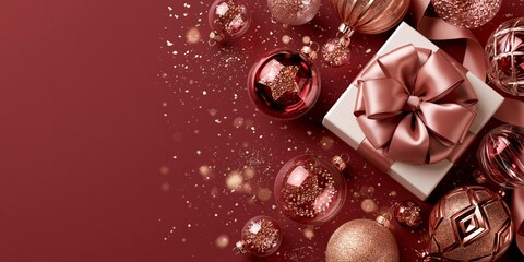 Obraz premium Festive holiday composition featuring a white gift box with a large rose gold bow surrounded by red and glittery ornaments on a deep red background.