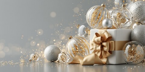 Obraz premium Elegant silver and gold Christmas ornaments surround a white gift box with a large gold bow.