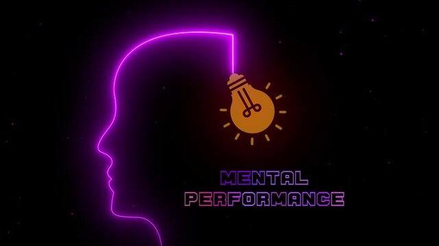 Digital human head with illuminated idea icon representing mental performance, concentration and cognitive efficiency animation.