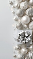 Obraz premium Elegant silver and white Christmas ornaments scattered around a gift box with a large shiny bow.
