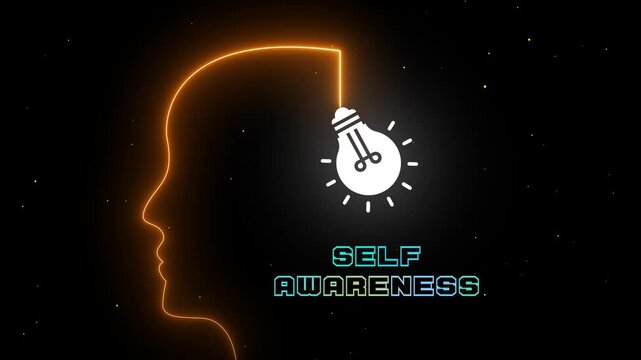 Human head with illuminated light bulb symbolizing self awareness, inner reflection, mindfulness and conscious thinking animation.
