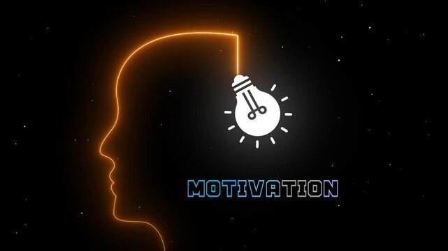 Glowing human mind with light bulb icon representing motivation, inspiration, creative thinking and personal success animation.