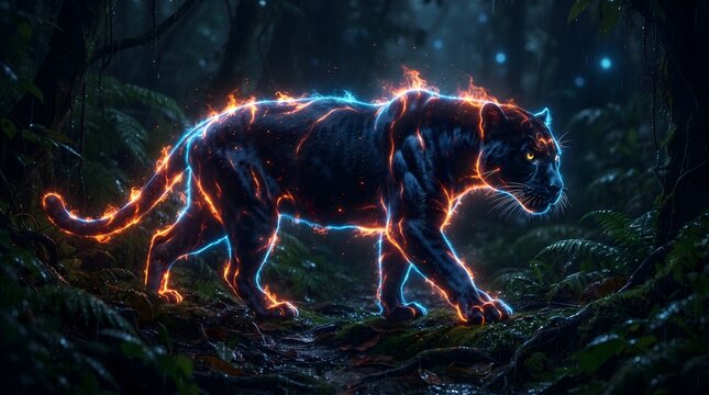 Mystical Elemental Black Panther Prowling in Dark Jungle with Glowing Fiery Lines