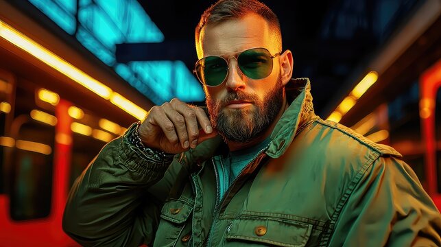 Stylish Bearded Man In Sunglasses With Cinematic Orange And Blue Lighting
