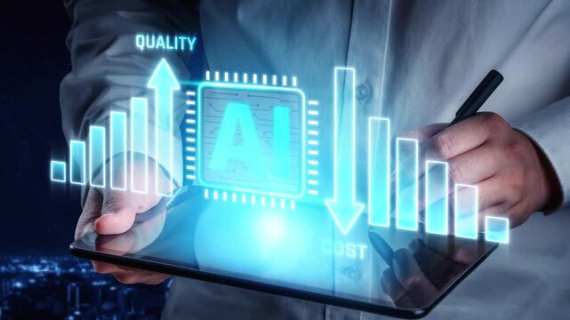 Hands Holding Tablet with Digital Graph Indicating Trends in AI Quality and Cost with Focus on Technology and Innovation in Business Sector Sigmoid