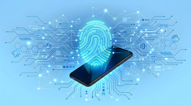 Smartphone displaying futuristic biometric fingerprint scanner technology for cyber security background
