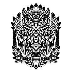 Fototapeta premium Tribal Owl Tattoo Design - Black and White Illustration