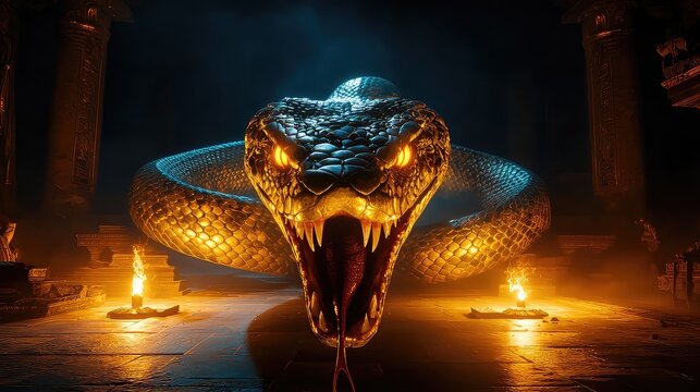 Giant Golden Serpent In A Dark Ancient Temple With Firelight