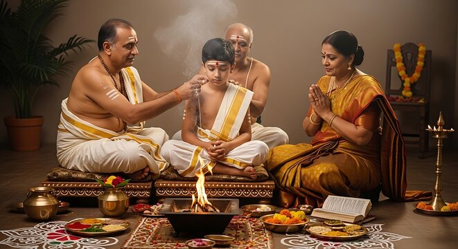 Traditional Indian Family Performing a Religious Fire Ritual