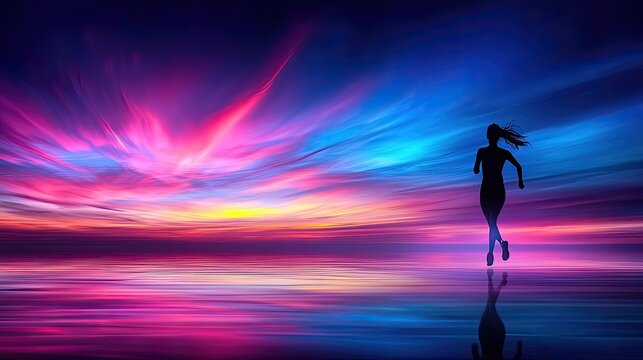 Silhouette Of A Woman Running Against A Vibrant Purple And Blue Sunset Sky