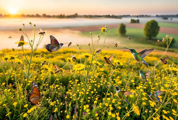 Obraz premium Hummingbirds butterflies and bees flying among yellow wildflowers in a sunny meadow at sunrise pollination and biodiversity
