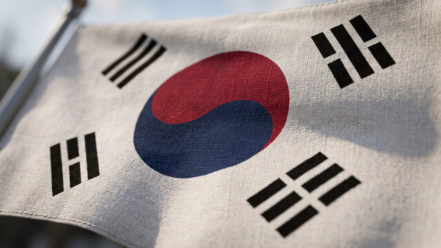 South Korean flag waving in the wind with visible fabric folds against a bright sky