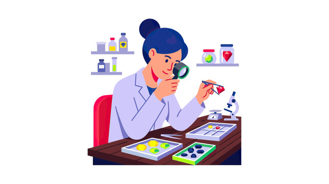 Scientist examining gemstones with magnifying glass