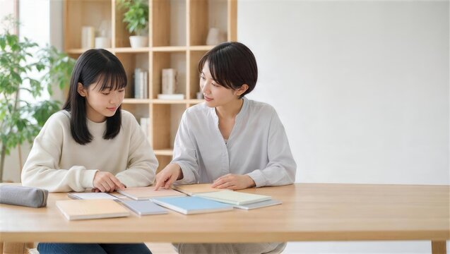 教師と生徒が教材を選ぶ学習支援