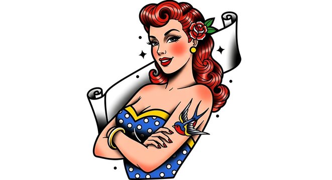 Vintage Pinup Woman with Red Hair in Polka Dot Swimsuit