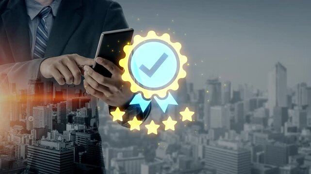 Businessman using smartphone with digital certificate and skyline background for professional achievement and success in modern urban environment Gluon.