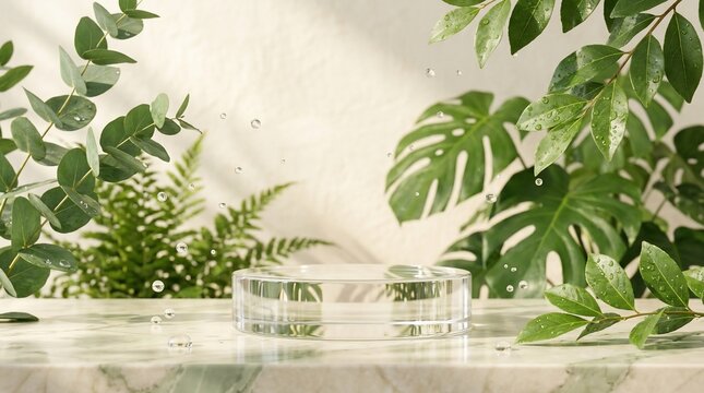 Nature inspired product display platform with greenery and water droplets