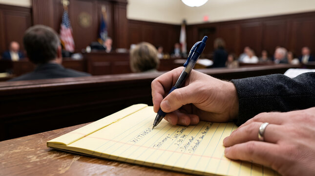 Juror taking witness notes during jury duty inside a courtroom