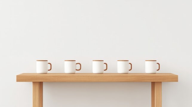 Five white mugs on wooden bench lined up against white wall with copy space symbolizing team collaboration workplace partnership