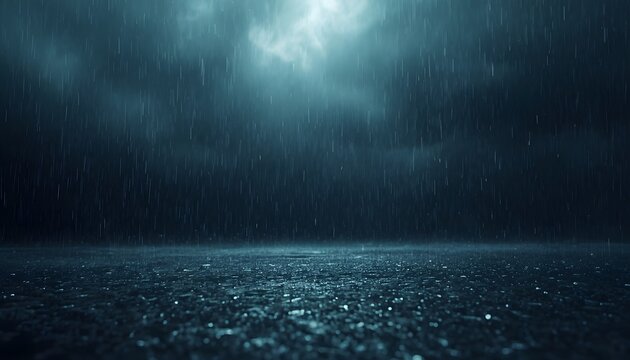 Rainstorm pours heavy water droplets onto a dark asphalt surface under a gloomy sky creating a dramatic atmosphere that captures a moody weather scene in an urban landscape setting.