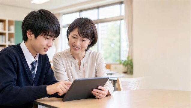 教師と男子生徒のタブレット個別学習