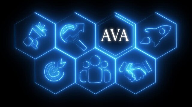 Neon sign AVA button on a clear projection screen on abstract technology world map icon 4k animation..