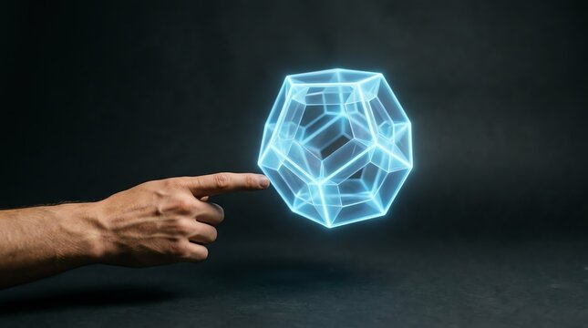 Human Hand Touching Glowing Blue Hologram of Geometric Polyhedron Shape in Dark Cyberpunk Environment