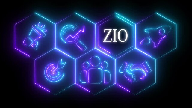 Neon sign ZIO button on a clear projection screen on abstract technology world map icon 4k animation..