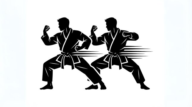 Black and white silhouette illustration of two martial arts practitioners performing a synchronized karate kata move