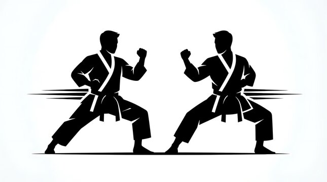 Black and white silhouette illustration of two martial artists facing each other in a traditional karate stance