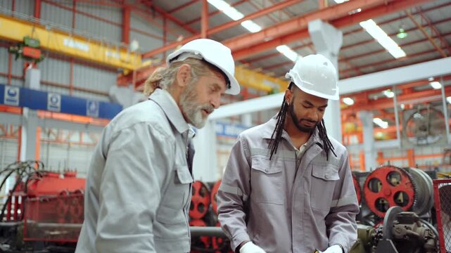 Two factory engineers shaking hands after successful project completion