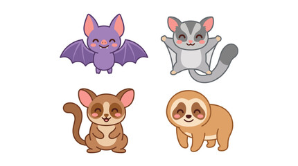 Fototapeta premium Cute Kawaii Cartoon Wild Animal Set featuring Bat and Sloth