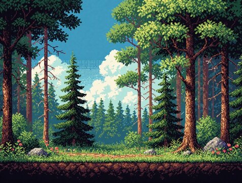 Pixel art forest scene shows tall trees and lush green grass under a bright blue sky with fluffy clouds. A dirt path winds through the woodland area creating a serene natural landscape for games.