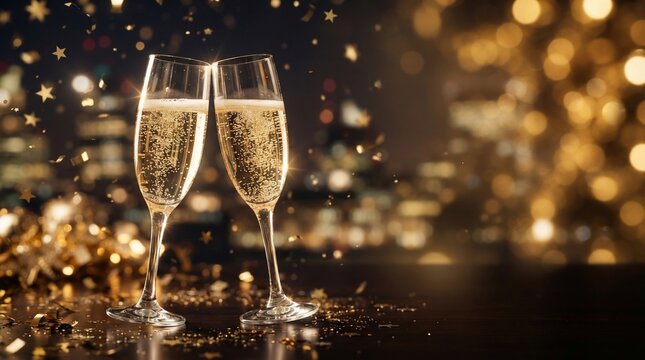 Two champagne flutes filled with bubbly drink and gold confetti