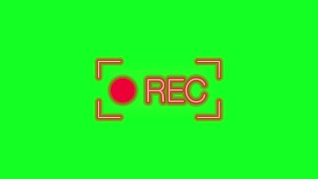 Neon Glowing Camera REC Recording Icon Animation on Green Screen