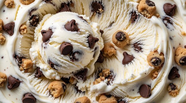 Vanilla ice cream scoop with chocolate chip cookie dough pieces. Frozen sweet dairy dessert texture close up view. Creamy milky snack with cocoa chips, baked bites mixed inside. Delicious cold treat
