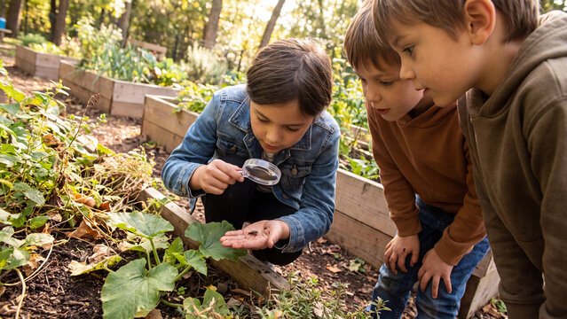 Students observe a small beetle on a leaf using a magnifying glass while exploring the biodiversity of a school garden during an afternoon science field trip session.