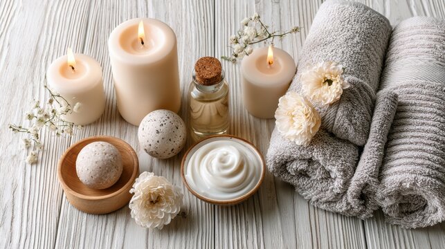 Beautiful spa treatment composition such as Towels, candles, essential oils, Massage Stones on light wooden background. blur living room, natural creams and moisturizing Healthy lifestyle, body care