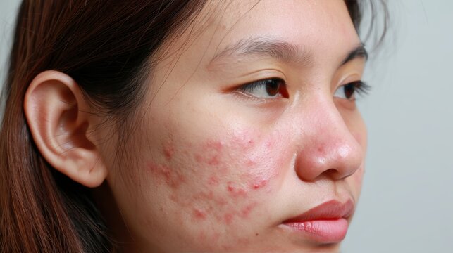 acne on woman face with rash skin, scar, and red skin syndrome allergic to cosmetics, use steroids, dermatology, inflammation, infection, hygiene