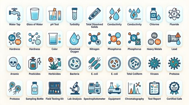 Water quality testing parameters icon set