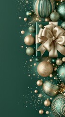 Obraz premium Elegant Christmas gift box with large gold bow surrounded by green and gold ornaments and sparkles on dark teal background.